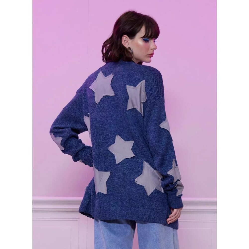 Coraline x Hot Topic Star Patchwork Junior Large Oversized Cardigan Sweater Blue - Picture 6 of 9